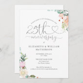 25. Jubiläum Heart Script Floral Monogram Einladung (Vorne/Hinten)