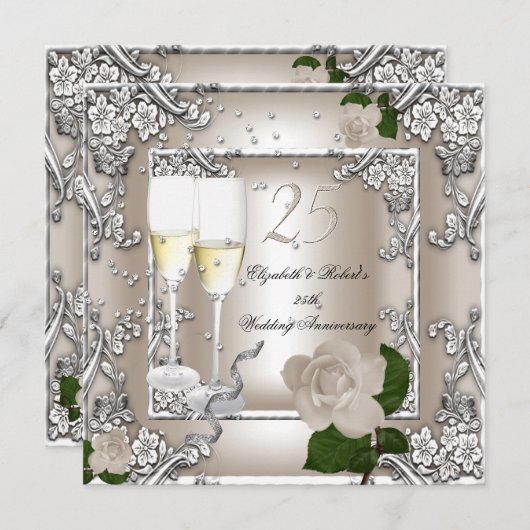 25. Jubiläum Hochzeitscreme Rose Silver Einladung (Vorne/Hinten)