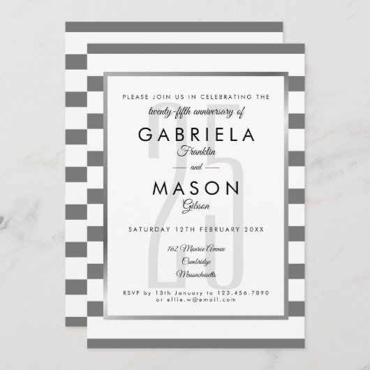 25. Jubiläum Klassisches Silver Stripe Art Deco Einladung (Vorne/Hinten)