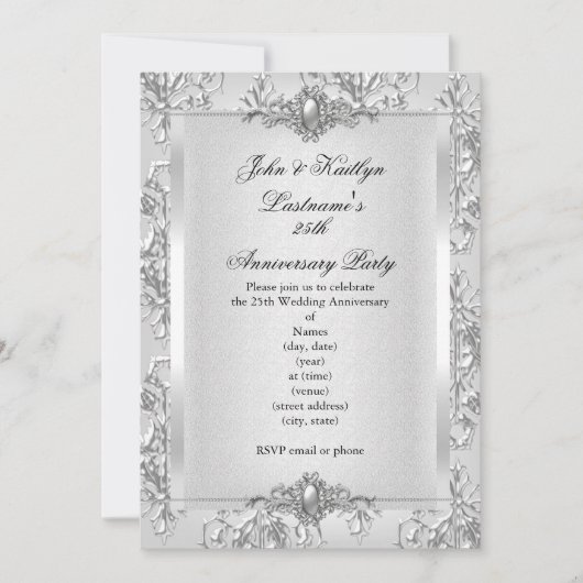 25. Jubiläum Party Damask Silver Small Einladung (Vorderseite)