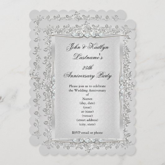 25. Jubiläum Party Rose Damask Silver White 2 Einladung (Vorne/Hinten)