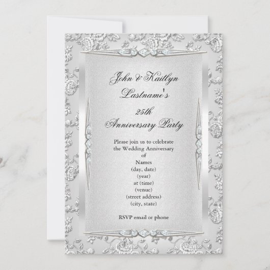 25. Jubiläum Party Rose Damask Silver White Einladung (Vorderseite)