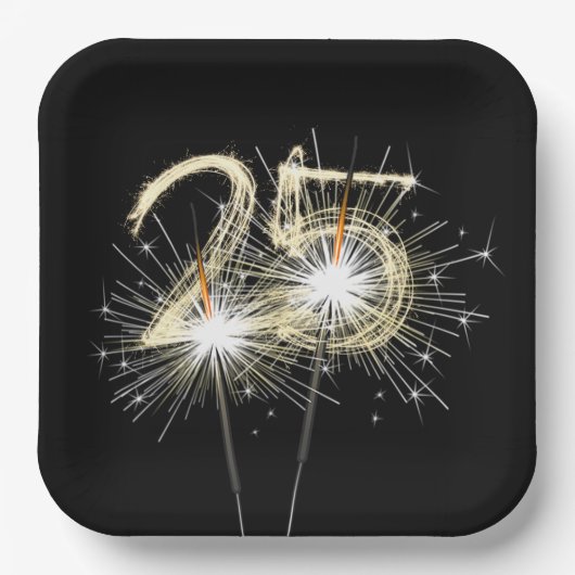 25. Jubiläum Party Sparklers auf Black Pappteller (Vorderseite)