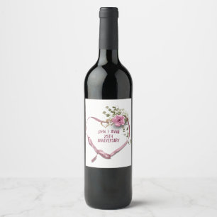 25. Jubiläum Rosa Herz-Band Weinlabel Weinetikett