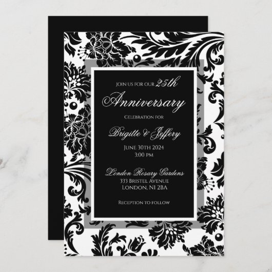 25. Jubiläum Schwarz-Weiß-Damast-Brauch Einladung (Vorne/Hinten)