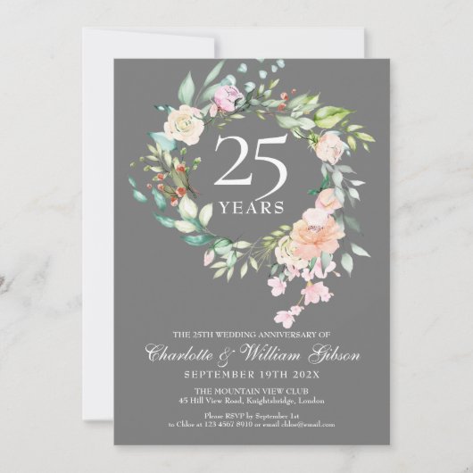 25. Jubiläum Silver Rose Garland Flora Einladung (Vorderseite)