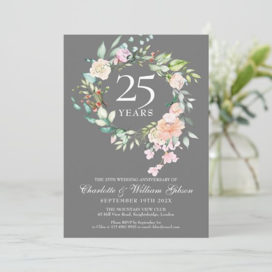 25. Jubiläum Silver Rose Garland Flora Einladung (Stehend Vorderseite)