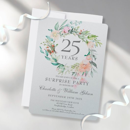 25. Jubiläum Überraschung Party Floral Metallic Einladung