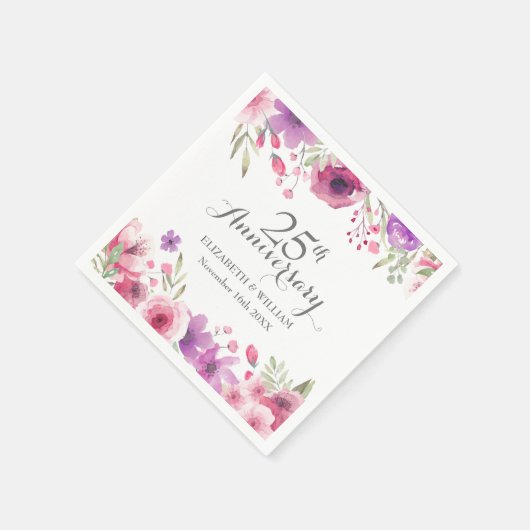 25. Jubiläum Wasserfarben Rose Grünpflanzen Serviette (Ecke)