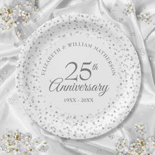 25. Jubiläums Silber Love Hearts Konfetti Pappteller
