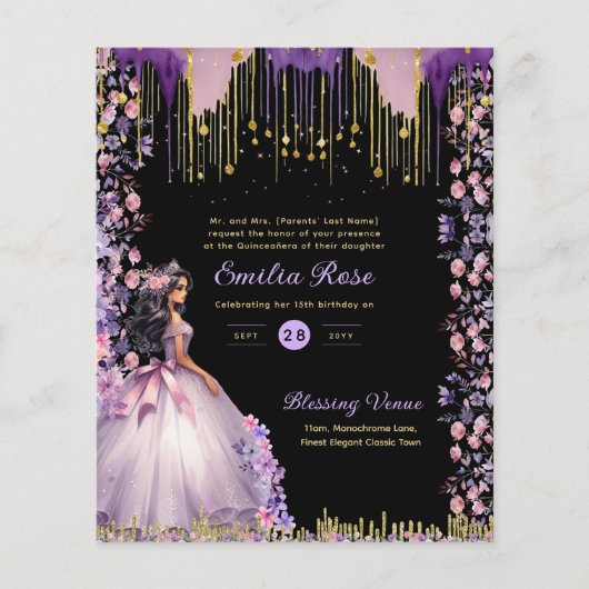 25 Lila Goldsparkle Quinceanera Dress Floral Flyer (Vorne)