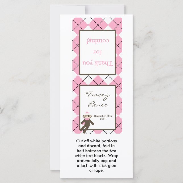 25 Lollipop Topper Pink Raute Sock Monkey (Vorderseite)