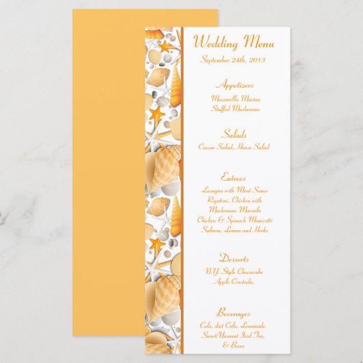 25 Menü Cards Assorted Seashells Orange Menükarte (Vorne/Hinten)