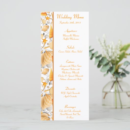 25 Menü Cards Assorted Seashells Orange Menükarte (Stehend Vorderseite)