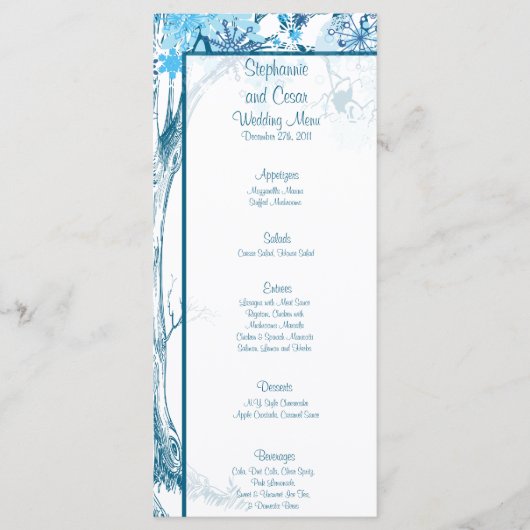 25 Menu Cards Blauer Tree / Schneeflocken Menükarte (Vorderseite)