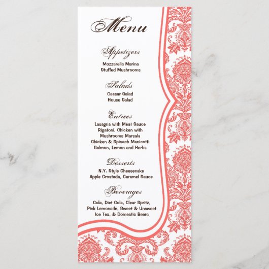 25 Menu Cards Coral Pink Damask Spitzen Print Patt Menükarte (Vorderseite)