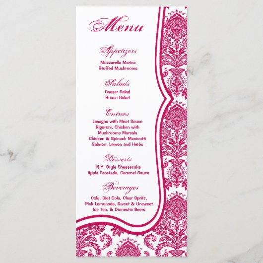 25 Menu Cards Fusia White Damask Lace Print Patter Menükarte (Vorderseite)