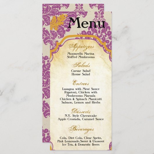 25 Menu Cards Lila Gold Damask Spitzen Druckpatter Menükarte (Vorne/Hinten)