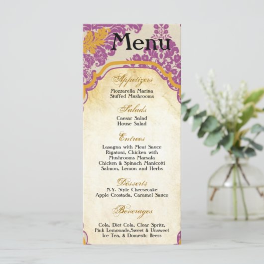 25 Menu Cards Lila Gold Damask Spitzen Druckpatter Menükarte (Stehend Vorderseite)