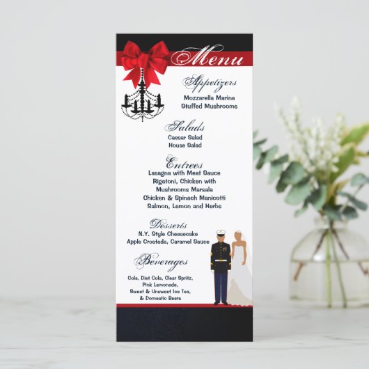 25 Menu Cards Marine Hispanic Uniform Groom Bride Menükarte (Stehend Vorderseite)