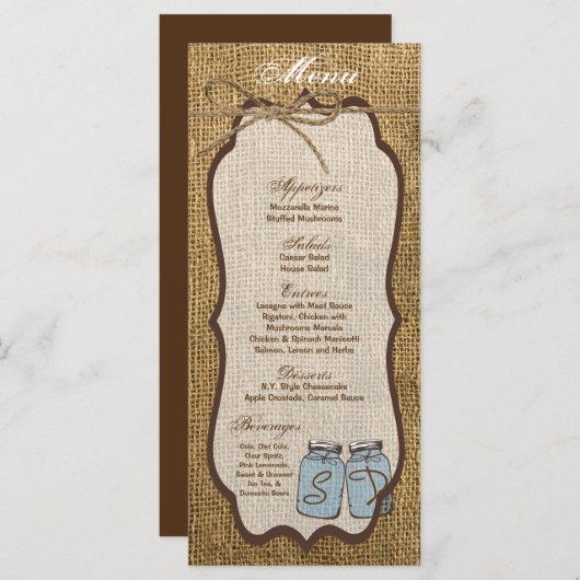 25 Menu Cards Mason Jar Burlap Country Rustic Pot Menükarte (Vorne/Hinten)