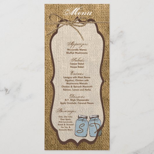 25 Menu Cards Mason Jar Burlap Country Rustic Pot Menükarte (Vorderseite)