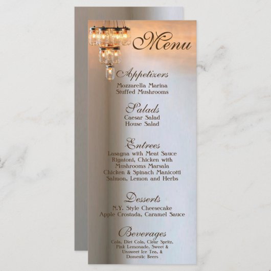 25 Menu Cards Mason Jar Chandelier Candles Rustika Menükarte (Vorne/Hinten)