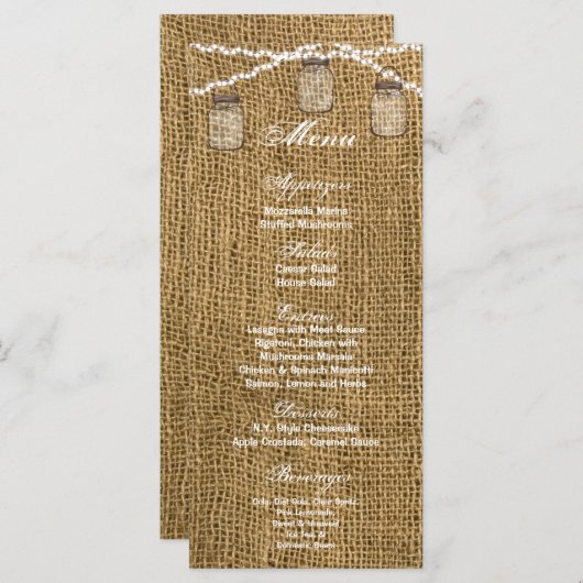 25 Menu Cards Mason Jar String Lights Burlap Potat Menükarte (Vorne/Hinten)