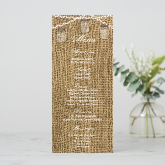 25 Menu Cards Mason Jar String Lights Burlap Potat Menükarte (Stehend Vorderseite)