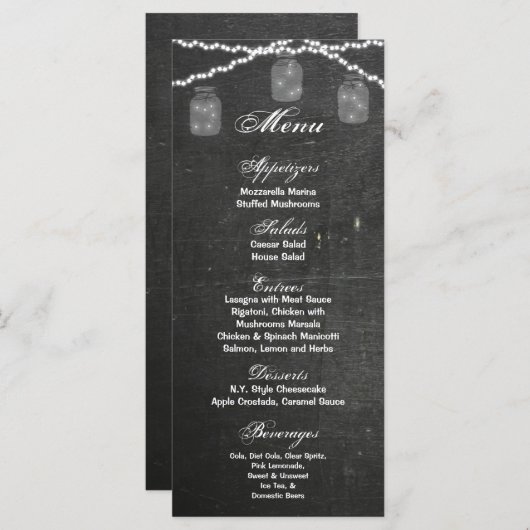 25 Menu Cards Mason Jar String Lights Chalk Board Menükarte (Vorne/Hinten)