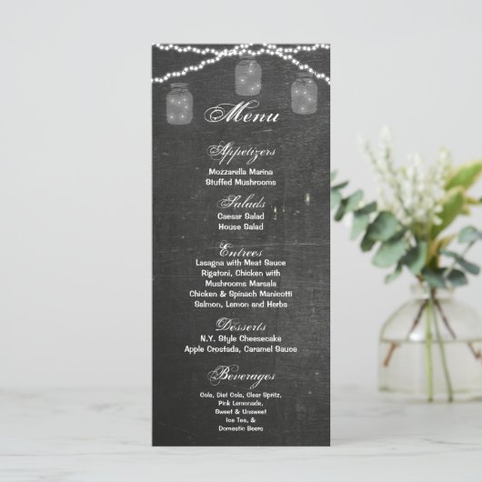 25 Menu Cards Mason Jar String Lights Chalk Board Menükarte (Stehend Vorderseite)