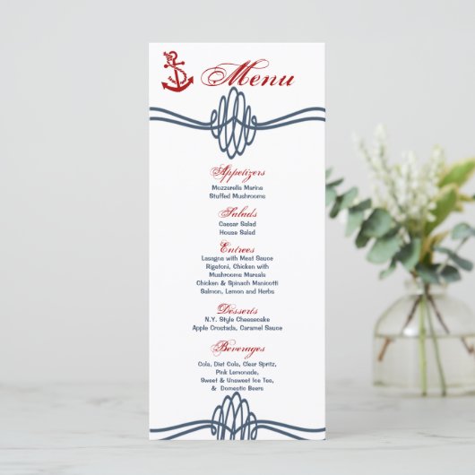 25 Menu Cards Navy Nautical Knot Anchor Blue Red Menükarte (Stehend Vorderseite)