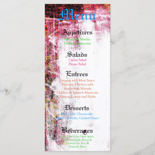 25 Menu Cards Neon Grunge Scratch Farbe Heiß rosa Menükarte (Vorderseite)