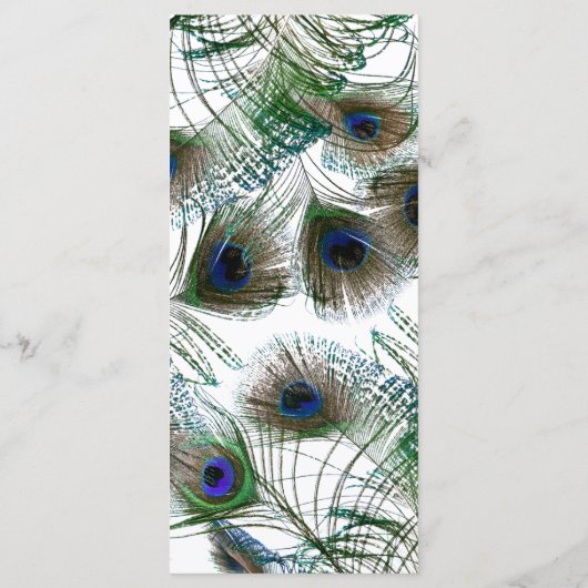 25 Menu Cards Peacock Feathers Blau/Grün elegant Menükarte (Rückseite)