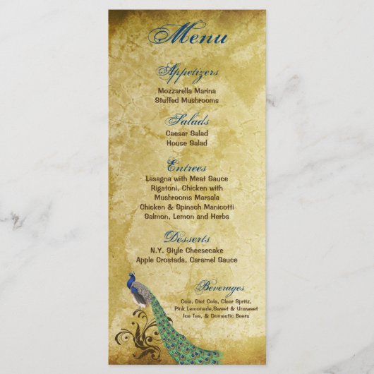 25 Menu Cards Peacock Vintag Feathers Bird Menükarte (Vorderseite)