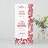 25 Menu Cards Red Crimson White Damask Lace Print Menükarte (Stehend Vorderseite)