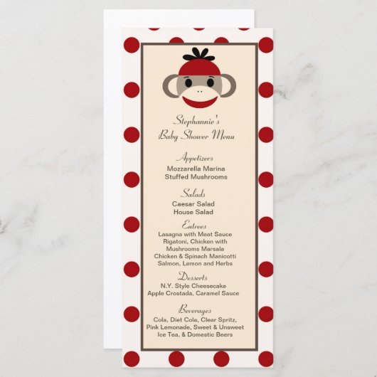 25 Menu Cards Red Sock Monkey Menükarte (Vorne/Hinten)