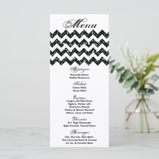 25 Menu Cards Schwarzer Glitzer Zickzack Zig Zag P Menükarte (Stehend Vorderseite)
