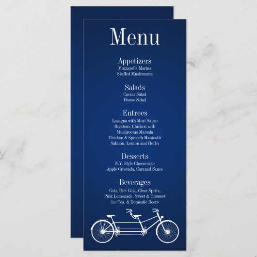 25 Menu Cards Whimsical Navy Blue Double Bike Menükarte (Vorne/Hinten)