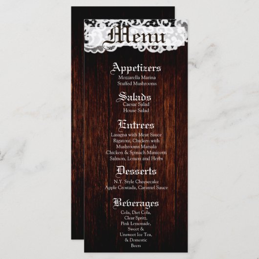 25 Menü Karten Land Dunkle Barn Wood Lace (Vorne/Hinten)