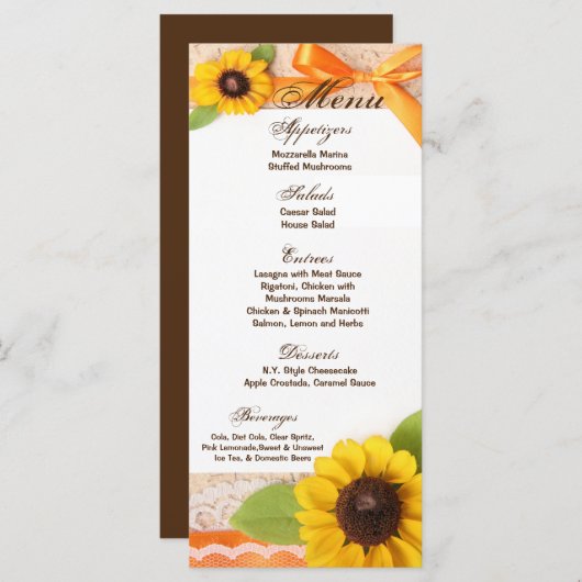 25 Menü Karten Rustikale Sonnenblumen Country Lace (Vorne/Hinten)