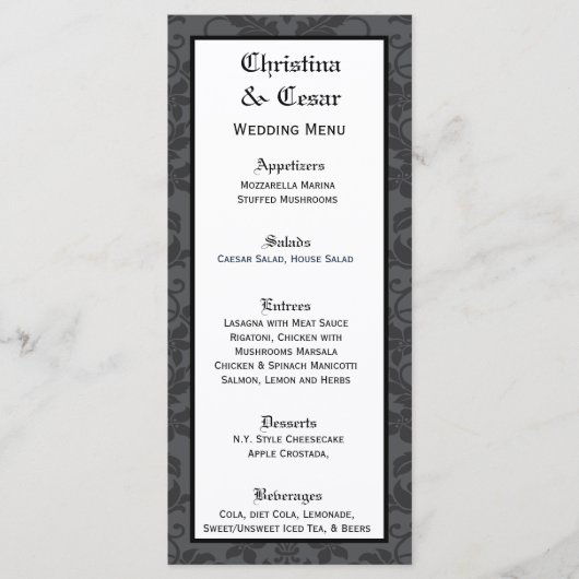 25 Menükarten Schwarz Graue formale Gothic Print (Vorderseite)