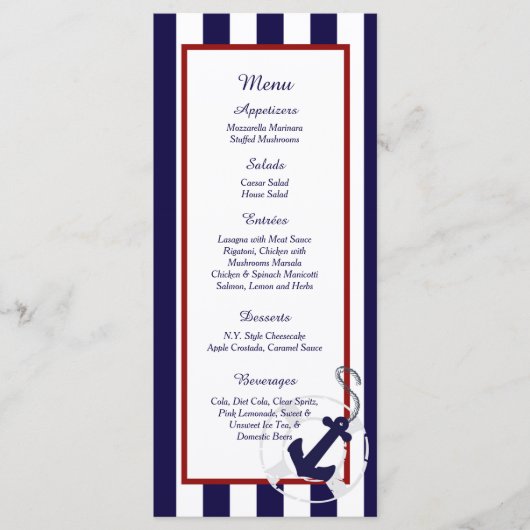 25 Navy Blue Anchor Nautical Wedding Menu Cards Menükarte (Vorderseite)