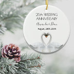 25. Silberhochzeit Jubiläum Weiße Schwäne Liebe Keramik Ornament<br><div class="desc">Zwei wunderschöne Schwäne in der Liebe,  die ihre Köpfe zusammenbiegen und ein Herz bilden. Weiße,  elegante Kulisse,  perfekt für einen silbernen Hochzeitstag! Ein Schwanenpaar bleibe für das Leben zusammen,  also sind sie das perfekte Symbol für Liebe. Mit dem Text: 25. Jahrestag. Vorlage für zwei Namen,  schwarze Buchstaben.</div>