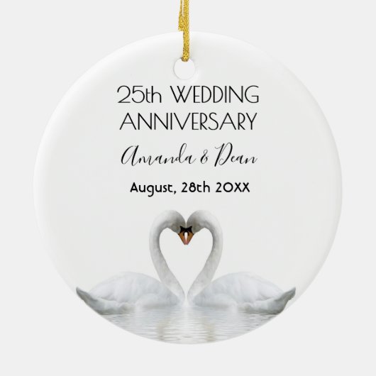 25. Silberhochzeit Jubiläum Weiße Schwäne Liebe Keramik Ornament (Hinten)