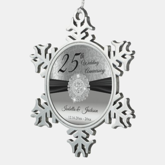 25. Silberhochzeit Schneeflocken Zinn-Ornament (Rechts)
