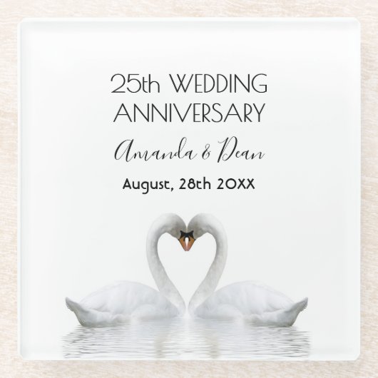 25. Silberjubiläum Weiße Schwäne Liebe Silber Glasuntersetzer (Vorderseite)