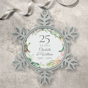 25. silberne Hochzeitsjubiläums-Blumen-Watercolor Schneeflocken Zinn-Ornament