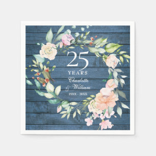25. silberne Hochzeitstag Floral Blau Rustikal Serviette