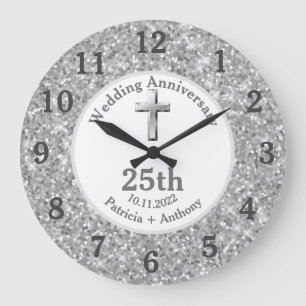 25. silberne Hochzeitstag Glitter religiös  Große Wanduhr
